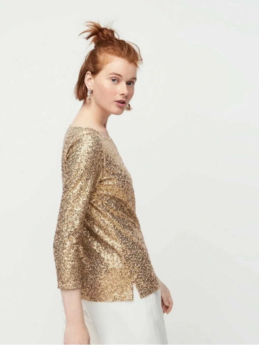 J.Crew Champagne Gold Sequin Glimmer Top Boatneck Long Sleeve Size Small
